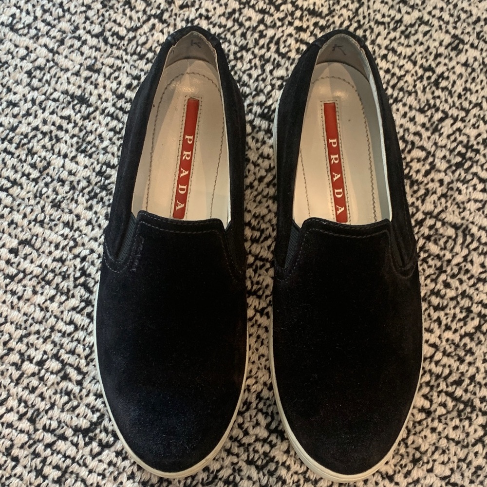 Prada Women’s Black Velvet Slip-On Sneakers. Size 7